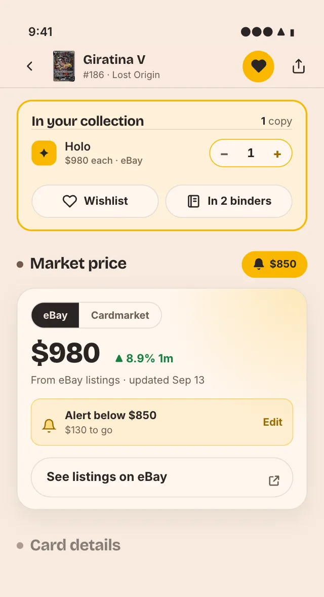 Setting a price alert on a card