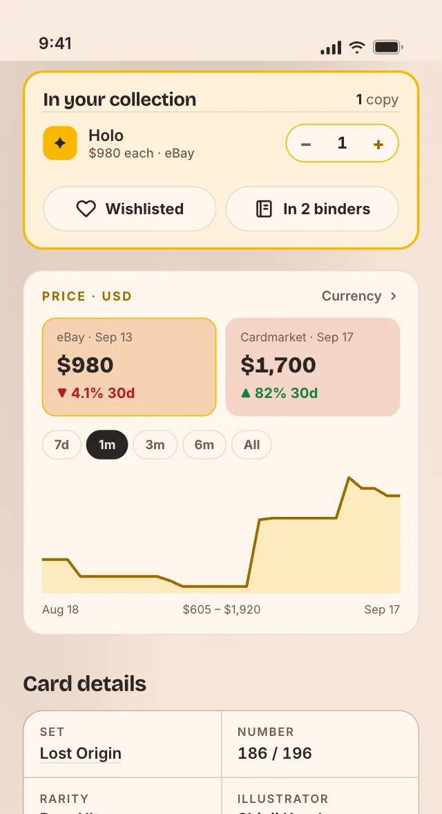 A card’s prices and price history in Pooka